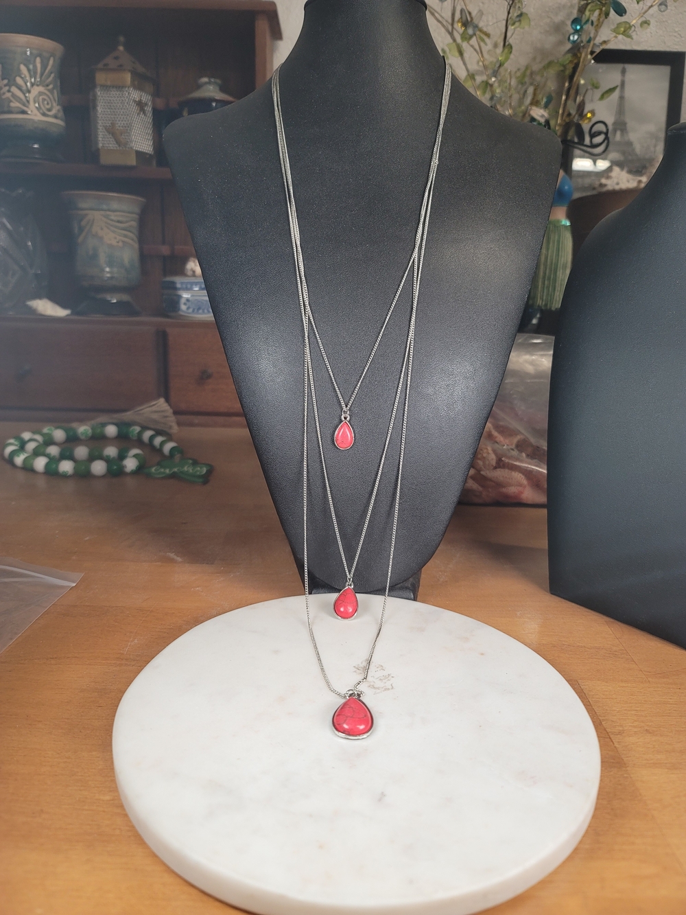 paparazzi Silver Layered Necklace with Red Teardrop Pendants